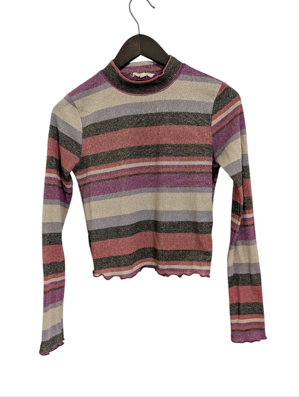 LA Hearts Long Sleeve Mock Neck Striped Lettuce Trim Metallic Multi Color S
